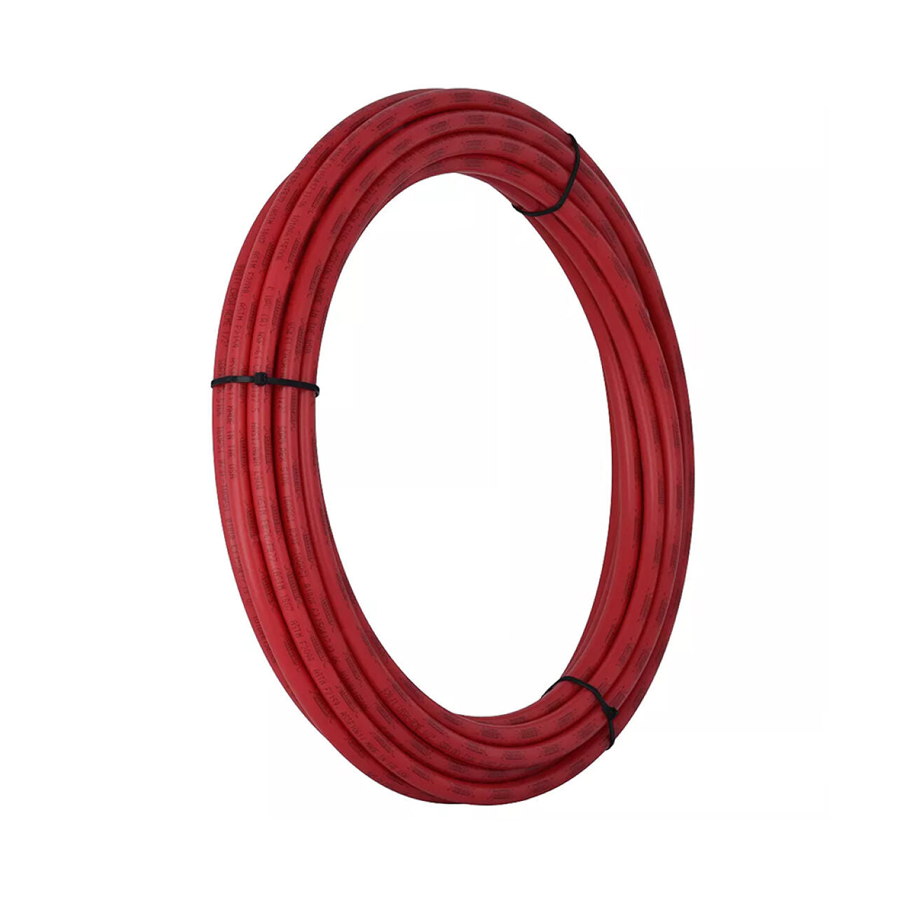 A 1/2 in. x 100 ft. Red PEX Coil by Go Build, The Fastest Way To Build, made of cross-linked polyethylene for potable water piping, is coiled and secured with black ties against a white background.